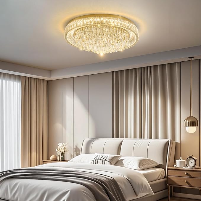 30" Ceiling Crystal Chandeliers: K9 Crystals 3 Color Temperature Led Light Dimmable with Remote - Modern Gold Chandelier Crystal Flush Mount Ceiling Lights for Dining Room Living Room Bedroom Entryway