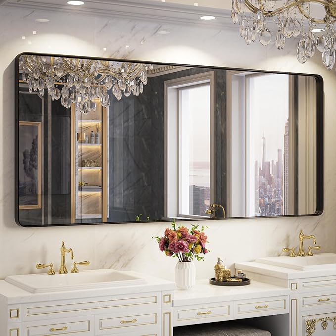 72x32 Inch Black Metal Framed Bathroom Mirror for Wall, Rounded Rectangle Mirror, Matte Framed Large Vanity Mirror Farmhouse, Tempered Glass, Hangs Horizontally or Vertically