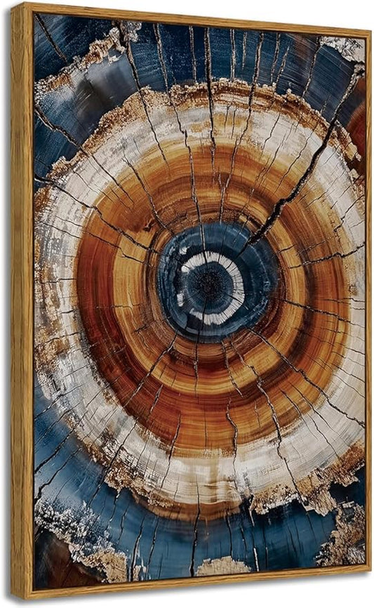 BingruiArt Framed Tree Ring Canvas Wall Art Abstract Wood Wall Decor Boho Modern Colorful Nature Painting Wood Stump Prints Pictures for Living Room Bedroom Bathroom Office 16"x24" Natural Framed(05)