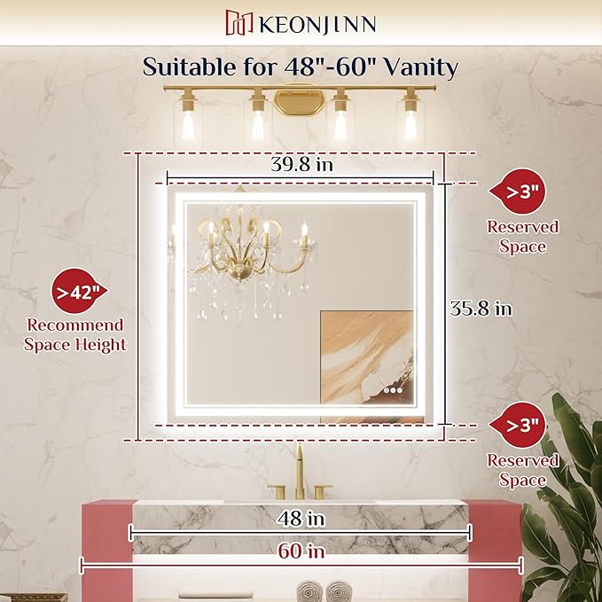 Keonjinn LED Bath Mirror 40” x 36” with Frontlit and Backlit, Stepless 3 Colors Temperature & Dimmable Vanity Mirror, UL Listed LED Driver, Double Light Strips, Anti-Fog Wall Mirror with Lights
