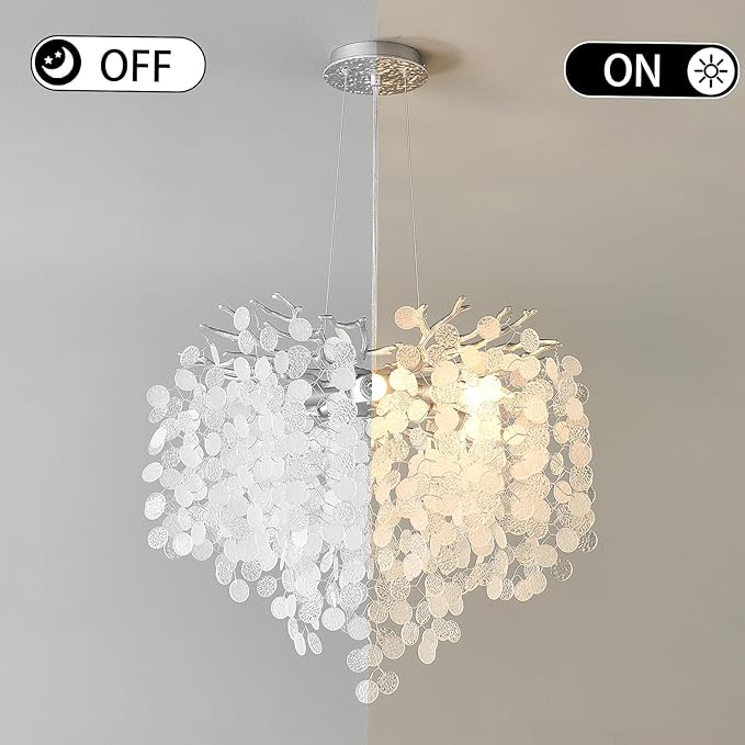 6-Light Capiz Shell Chandeliers, 18 Inch Modern Coastal Light Fixture for Living Room Bedroom, Round Crystal Tree Branch Pendant Lighting for Bathroom Foyer Kitchen Island, Silver