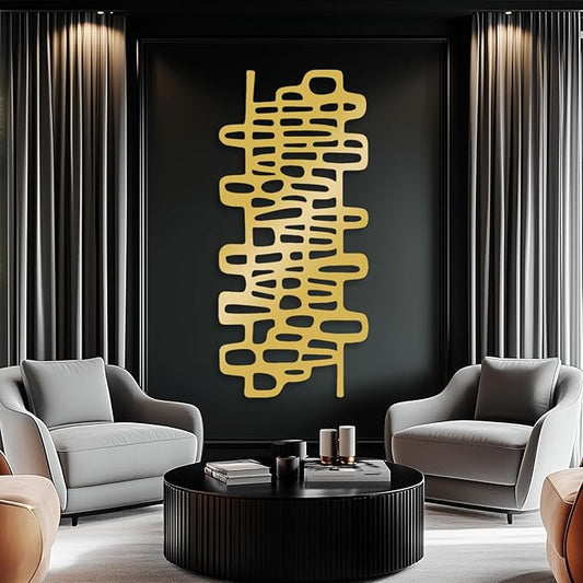 Abstract Geometric Metal Wall Art, Modern Circles Metal Decor, Minimalist Line Art, Long Narrow Sign, Luxury Modern Artwork for Living Room, Farmhouse, Office (Gold, 24"x11" | 60x27cm)