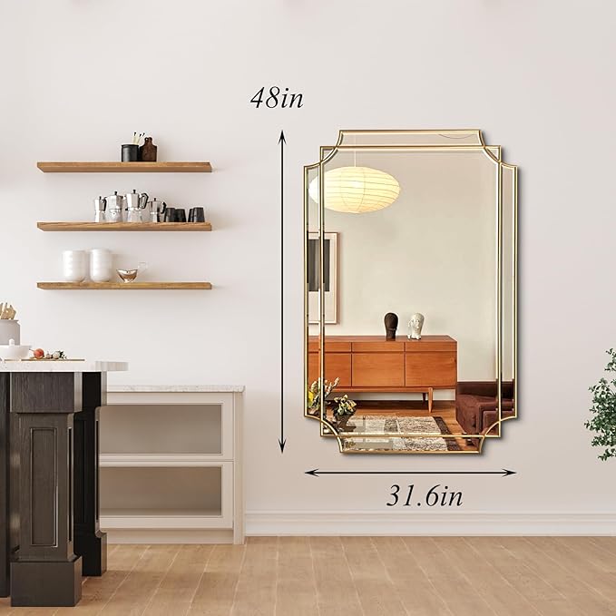 Large Gold Rectangle Mirror, 48"x31.6" Bathroom Mirrors for Over Sink, Modern Beveled Mirror Decorative, Elegant Oblong Wall Mirrors for Living Room Bedroom Fireplace Entryway Hallway