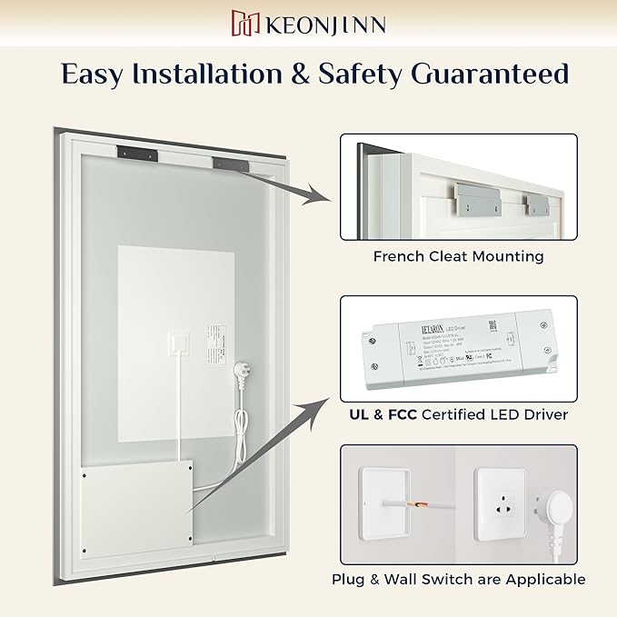Keonjinn 40 x 32 Inch LED Bathroom Mirror with Backlit, Anti-Fog, CRI90+ HD Dimmable Vanity Mirror, High Lumen, Horizontal/Vertical Wall Mount, UL Listed Lighted Vanity Mirror, Waterproof
