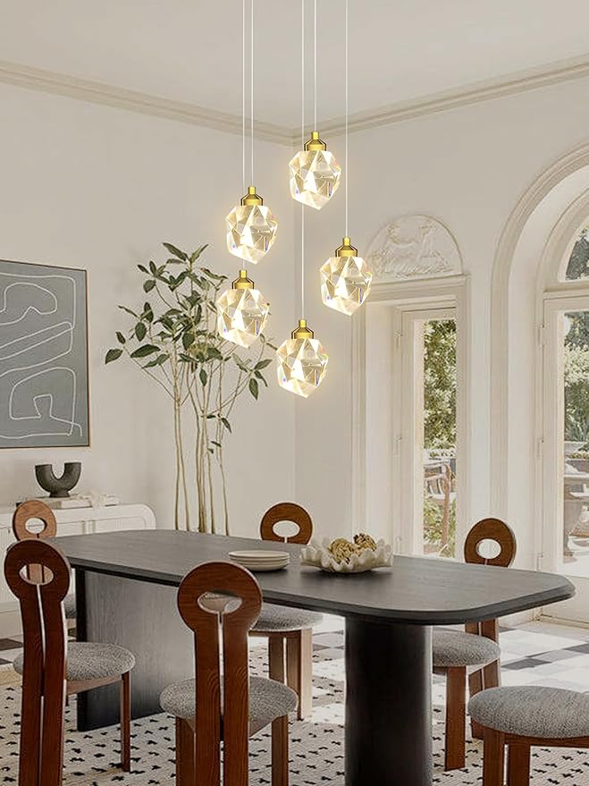 5-Light Raindrop Pendant Light, Gold Kitchen Island Hanging Light Fixtures, Modern Art Raindrop Clear Solid Crystal Chandelier for Dining Room Living Room Foyer