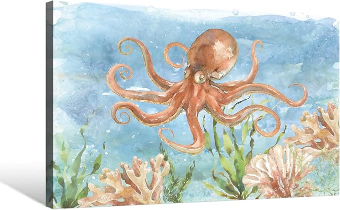 Octopus Canvas Wall Art Ocean Under Sea Life Painting Nautical Marine Life Coral Pictures Framed Artwork For Bathroom Bedroom Livingroom Wall Decor 24x16 Inch