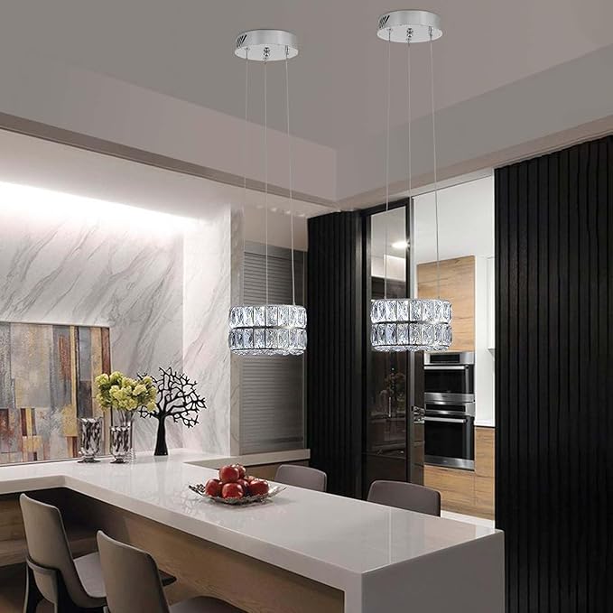 Led Ring Crystal Chandelier, Modern Dimmable Chandeliers Lighting and Hanging Adjustable, LED Round Ceiling Light Fixtures for Dining Room Living Room 7.8'' Silver