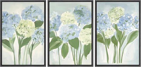 MUDECOR Framed Wall Art Print Set Blue Hydrangea Floral Botanical with Green Leaves Illustrations Modern Art Boho Decorative Colorful Chic for Living Room, Bedroom, Office - 16"x24"x3 Black