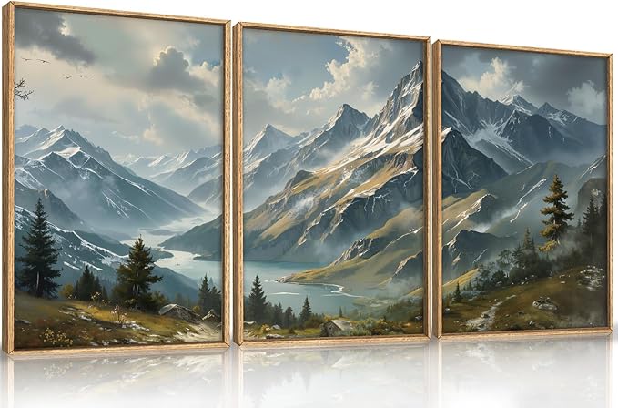Ausril Nature Mountain Ridge Framed Canvas Wall Art Set, Woodland Landscape Wall Decor, Cloud Misty Forest Wall Painting, Boho Pine Tree River Art Print for Living Room, Bedroom, Office - 16"X24"X3