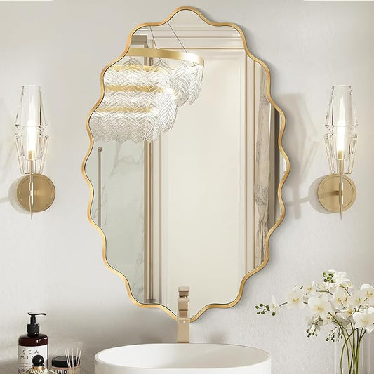Oval Wavy Mirror - Irregular Wall Mirror 24"x36" Gold Asymmetrical Aviation Aluminum Alloy Frame for Bathroom, Bedroom, Living Room, Cloakroom, Entryway