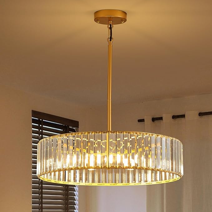 Modern Crystal Gold Chandelier for Dining Room,19.7 inch Semi Flush Mount Ceiling Dining Room Light Fixture with E12 Base*6,Round Pendant Lighting for Bedroom Hallway Bathroom Foyer Kitchen