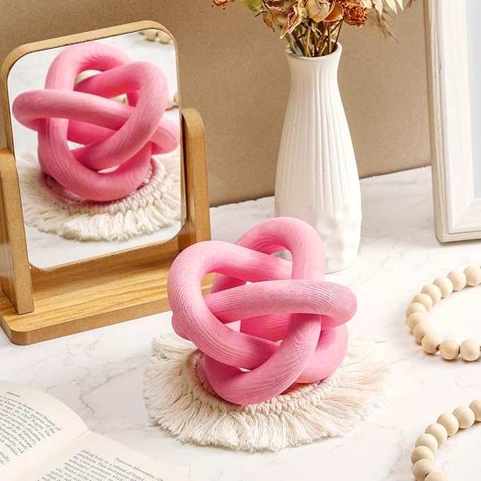 3 Link Wood Knot Decor - Hand Carved Coffee Table Decoration, Boho Chain Link Decor, Modern Shelf, Rustic Objects for Home Living Room Bedroom(Pea-Pink)