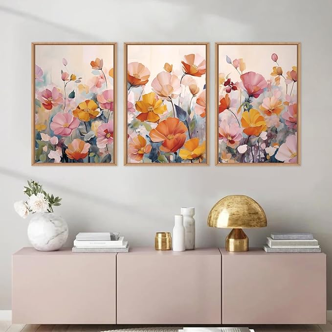 Nature Pink Floral Framed Canvas Wall Art Set,Boho Colorful Wildflowers Botanical Wall Decor, Modern Aesthetic Bohemian Flowers Art Print for Living Room,Bedroom-24 x36 x3