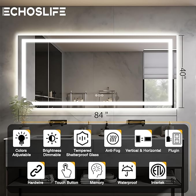 Large 84"x40" Light up Bathroom Mirror with Front Lit and Backlit, Anti-Fog Vanity Mirror with Lights, Stepless Dimmable Lighted Mirror, 3 Colors Smart Mirror (Horizontal/Vertical)