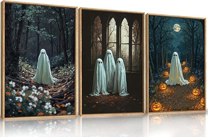 Ausril 3Pc Halloween Cute Ghost Framed Wall Art Set, Scary Forest and Pumpkin Wall Decor, Horror Moon Night Wall Painting, Gothic Spooky Art Print for Living Room, Bedroom, Party, Basement 16×24inch