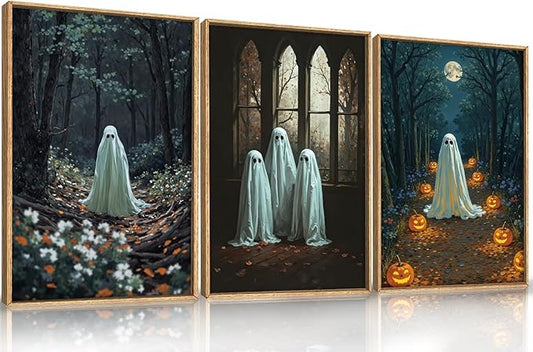 Ausril 3Pc Halloween Cute Ghost Framed Wall Art Set, Scary Forest and Pumpkin Wall Decor, Horror Moon Night Wall Painting, Gothic Spooky Art Print for Living Room, Bedroom, Party, Basement 16×24inch