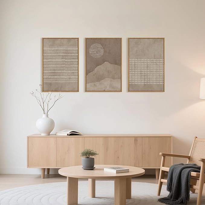 Large Mid Century Tan and Beige Framed Canvas Wall Art,Neutral Lines Dots Wall Decor,Abstract Sunset and Mountain Artwork,Boho Textured Shapes Art Print for Living Room,Bedroom,Office-16"x24"x3