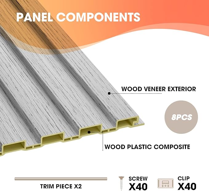 OUZUGIE WPC Acoustic Slat Wall Paneling, 8-Pack 96 x 6 Inches 3D Wall Panels for Interior Wall Decor,Living Room,TV Background,Study Room,Office Spaces,Bedroom,Low Grille (Grey)