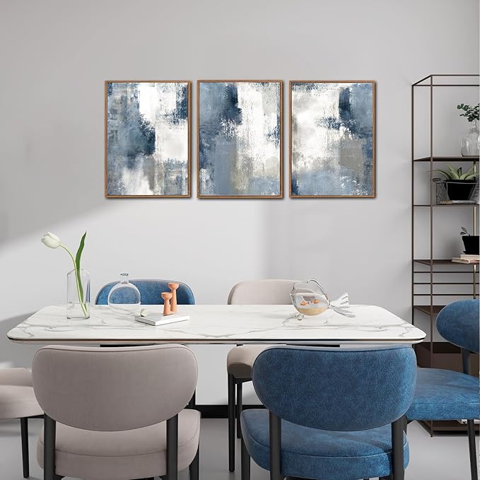 LHIUEM Large Navy Blue and Gray Framed Canvas Wall Art Set of 3(12”X16”) Modern Abstract Wall Decor Brush Strokes Block Shape Artwork Minimalist Neutral Blue Printing for Living Room Bedroom Office