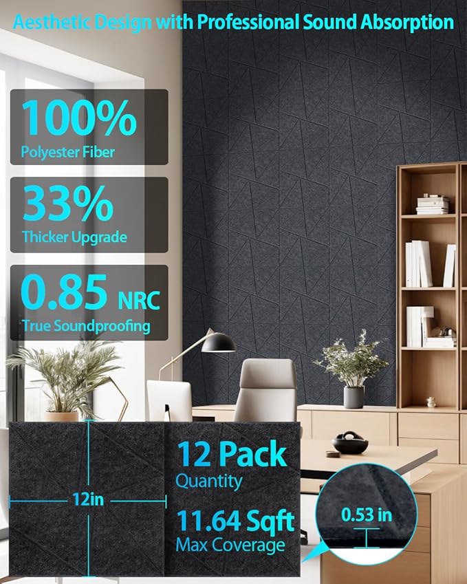 12 Pack Acoustic Wall Panels Self-Adhesive, 12" X 12" X 0.5" Decorative Acoustic Panels, Soundproof Wall Panels for Studio, Home & Living Room, Polyester - Triangle Black
