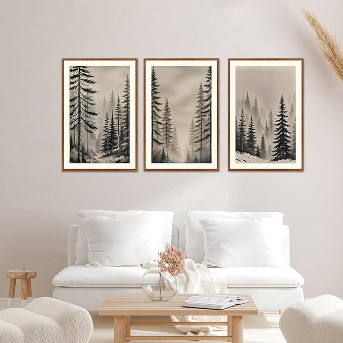 LHIUEM Abstract Misty Forest Framed Canvas Wall Art,Modern Pine Tree Wall Decor,Netural Woodland Painting,Rustic Foggy Landscape Artwork for Living Room,Bedroom,Dining Room -16"x24"x3
