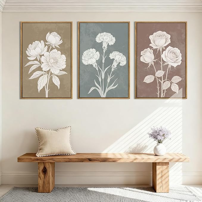 BINCUE Extra Large Neutral Botanical Wall Art Decor Floral Painting Flower Print for Living Room Bedroom Bathroom Dining Room 24" Lx36 W 3 Piece