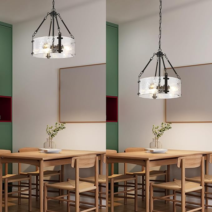 Black Dining Room Chandelier 16'' Modern Textured Glass Chandelier 3-Light Drum Crystal Light Fixture Vintage Farmhouse Round Hanging Lighting for Kitchen Island Over Table