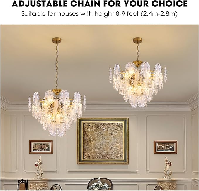 7PM Modern Gold Glass Chandelier, 5-Layer Antique Crystal Chandeliers 12 Light Round Pendant Ceiling Fixture 59" Hanging Adjustable Chain for Foyer, Living Room, Bedroom, Dining Room 27.5 inch