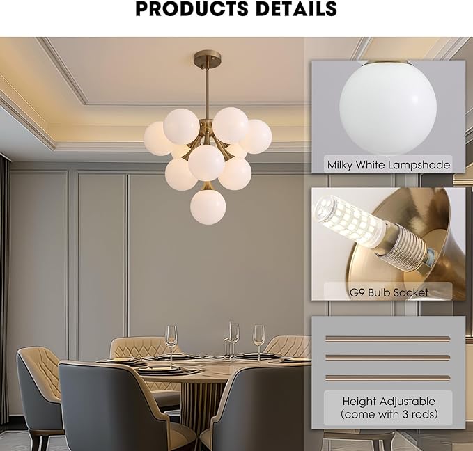 Mid Century Modern Chandelier,Gold Globe Sputnik Chandeliers,10 Lights Pendant Lighting Fixture, for Dining Living Room, Kitchen Island