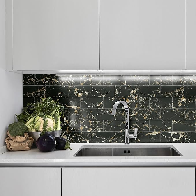 64-Pack Peel and Stick Backsplash Marble Wall Tiles, Waterproof 4" x 8" Glossy Imitation Black Gold Marble, PVC Shower Wall Panels for Interior Wall Decor; Tile for Kitchen, Bathroom, and Fireplace