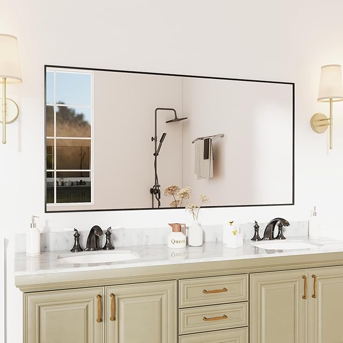 Matte Black Metal Framed Bathroom Mirror, 60x30 Inch Rectangular Vanity Mirror, Large Rectangle Wall Mirror, Anti-Rust, Tempered Glass, Shatter-Proof, Easy to Install Vertically or Horizontally