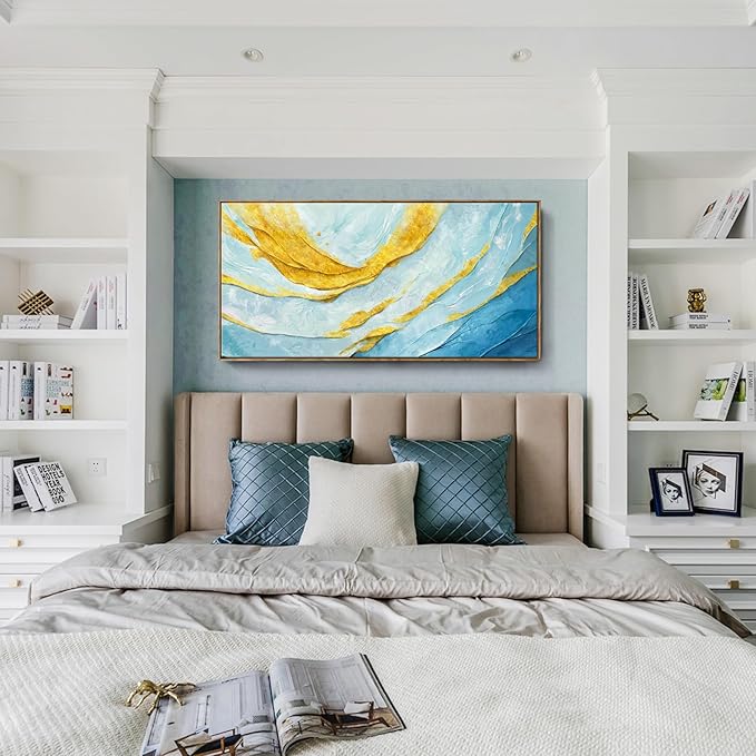 Nicetop Framed Abstract Wall Art for Living Room– Large Size Coastal Canvas Print Modern Picture Horizontal Blue and Gold Artwork with Wood Frame for Bedroom Home Office Aesthetic Decor 48x24 Inch