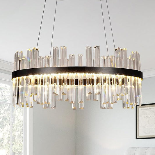 Black Modern Led Crystal Chandelier: 23.6" Round Contemporary 3 Color Dimmable Dining Room Light Fixture over Table - Adjustable Lighting Chandeliers for Bedroom Living Kitchen Island Entryway Foyer