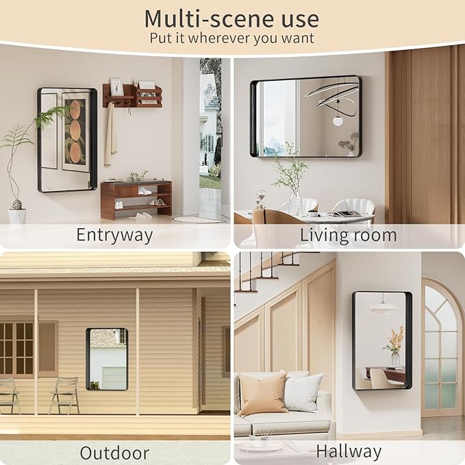 Koonmi Black Wall Mirror for Bathroom, 30x48 Inch Matte Deep Framed Rounded Rectangle Vanity Mirror for Farmhouse Living Room, Tempered Glass, Anti-Rust, Vertically or Horizontally