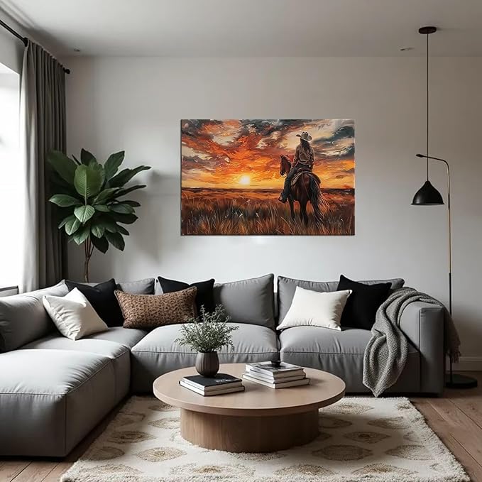 American Western Cowboy Wall Art Sunset Wall Decor Southwestern Farms Pictures for Bedroom Living Room Office Home Decortion Prints Vintage Artwork Framed(28L" x 44W")