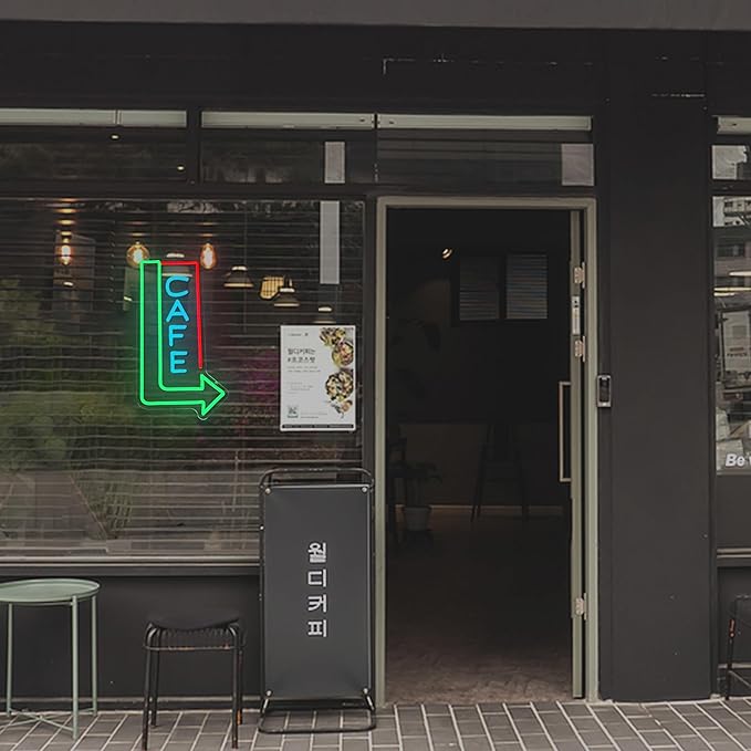 Cafe Neon Sign for Wall Decor 16.14’’*8.46’’ Attracting Coffee Shop Light Up Sign Dimmable Usb Green Right Arrow Led Light Sign for Living Room Restaurant Bistro Man Cave Coffee Bar Party