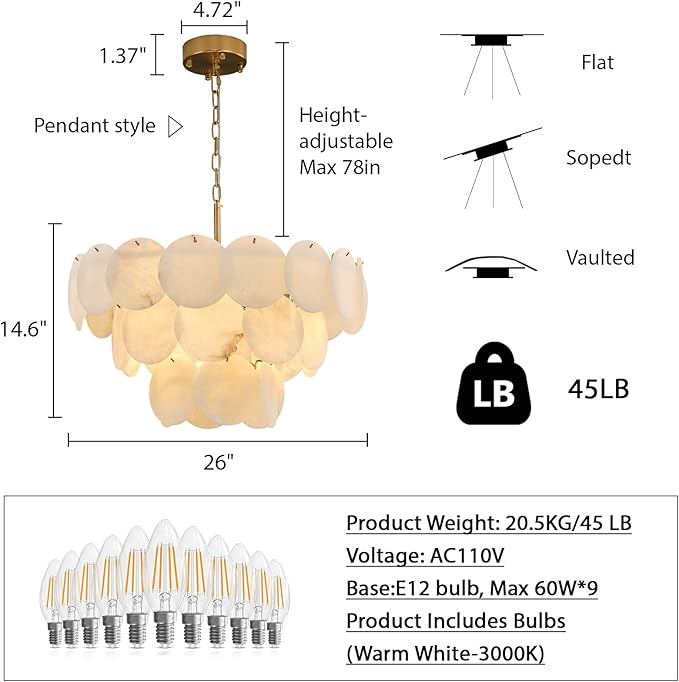 Alabaster Round Chandelier, 26" Natural Spanish Marble Stone Texture Chandeliers, 9-Light Dimmable Alabaster Chandelier, Modern Luxury Lighting for Living Room, Bedroom, Hallway