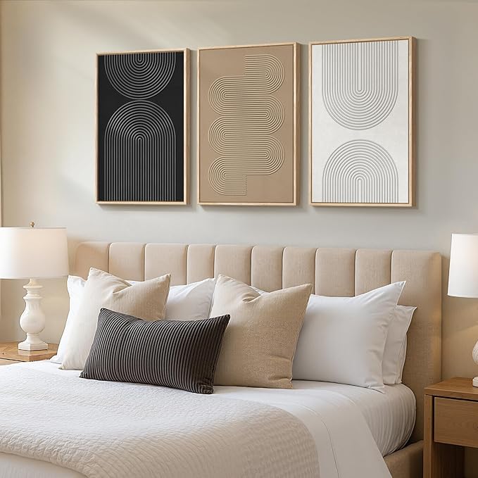 3D Textured Framed Boho Neutral Abstract Wall Art, 3 Piece Modern Artwork for Walls, Black White Brown Minimalist Geometric Paintings for Living Room, Dining Room, Bedroom Wall Decor 16x24 In