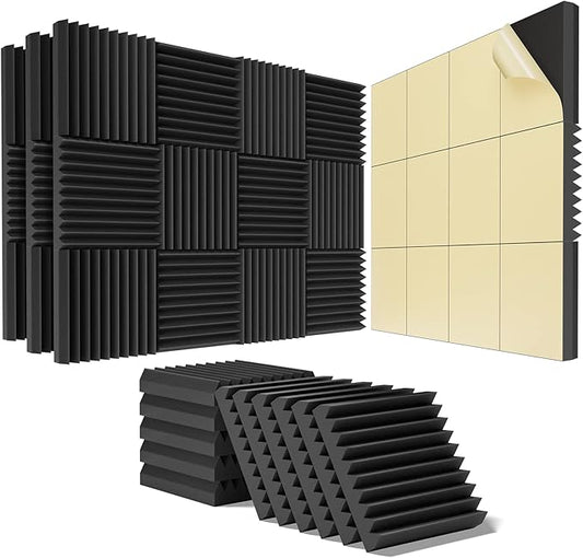 48 Pack Sound Proof Foam Panels for Walls,2" X 12" X 12"Self-Adhesive Foam Acoustic Panels Sound Absorbing,High Density Quick-Recovery Soundproof Wall Panels -Black