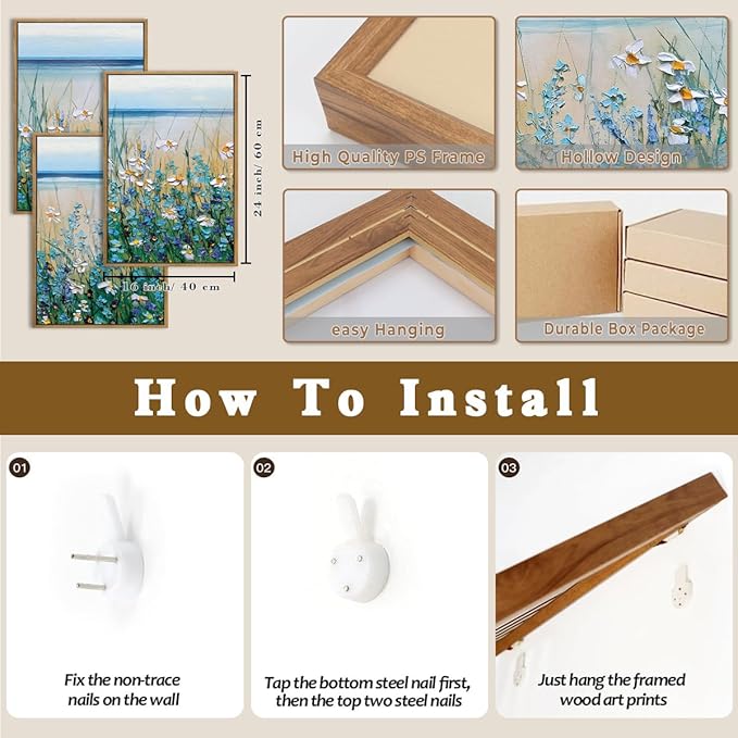 Blue Seaside Cyan Floral Wall Decor Wildflower Canvas Painting Framed Floral Prints Decor for Living Room Bedroom 16x24 Inch Set of 3