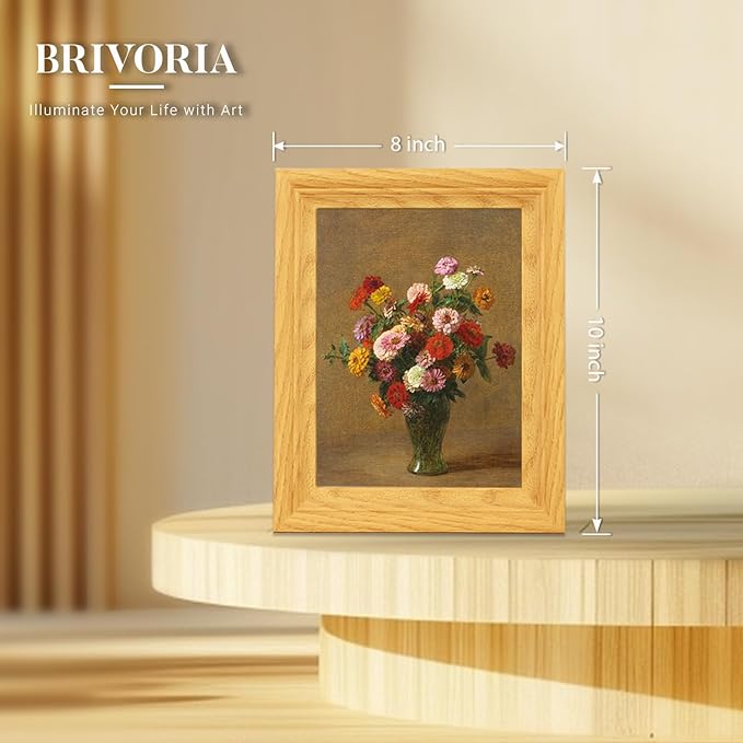 Brivoria Framed Canvas Wall Art Vintage Decor, Classical Autumn Floral Still Life with Colorful Zinnias in Green Vase and Warm Rustic Tones for Kitchen Entryway Bookshelf or Tabletop Fall Display,8x10