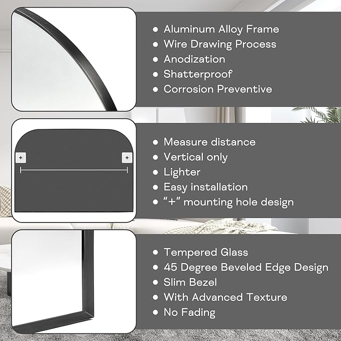 Modern Large Wall Mirror, Modern Mantel Minimalist Home Decor, Brushed Black Metal Framed Arched Mirror for Living Room, Bedroom, Fireplace, Mantle, Entryway, Bathroom, 36" x 24", Black