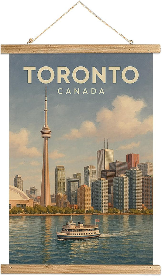 WREVERW Vintage Toronto Canada Wall Art Poster, CN Tower Skyline Canvas Hanging Scroll with Wooden Frame, Travel Decor for Living Room Bedroom Office, 16x23 Inch