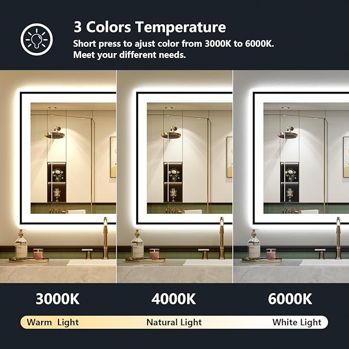 36x30 Inch LED Bathroom Mirror with Lights (Front Lit and Backlit) Black Framed Lighted Vanity Mirror for Bathroom Wall Dimmable Anti-Fog Memory Tempered Glass Horizontal/Vertical
