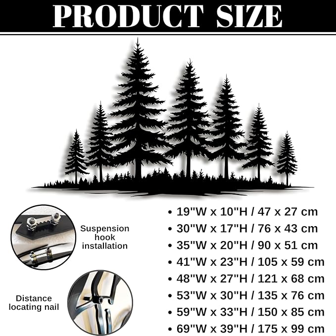 lunwall Metal Pine Tree Wall Art, Metal Forest Wall Art, Pine Branch Wall Decor, Christmas Tree Wall Decor, Forest Wall Hanging, Nature Lover Gift (Style 2, 19" W x 10" H / 47 x 27 cm)
