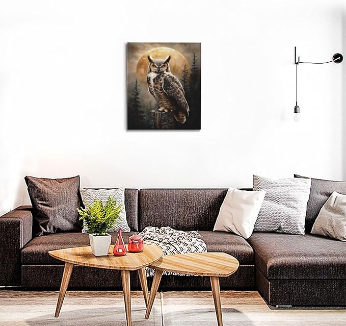 Cabin Owl Wall Art Moon and Forest Canvas Wall Decor Rustic Animal Pictures Paintings Prints Mystical Wildlife Artwork Framed Decorations For Bathroom Bedroom Living Room Office Gifts 20" x 24"