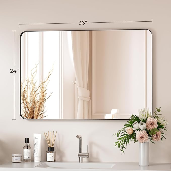 Black Bathroom Mirror 24X36 Inch Bathroom Vanity Mirror for Wall, Metal Frame Large Mirror, Tempered Glass, Modern Wall Mirror for Bathroom, Farmhouse, Horizontally or Vertically Hanging