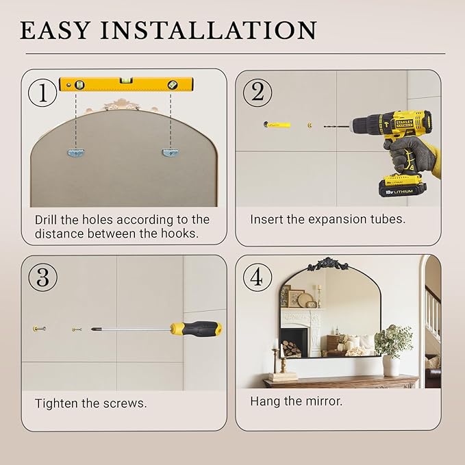 MISSDAY Vintage Arched Baroque Mirror for Wall, 36"X30" Antique Wall Mirror with Elegant Carving Top, Full Metal Frame Wall-Mounted Mirror for Bathroom, Living Room, Fireplace, Entryway, Matte Black