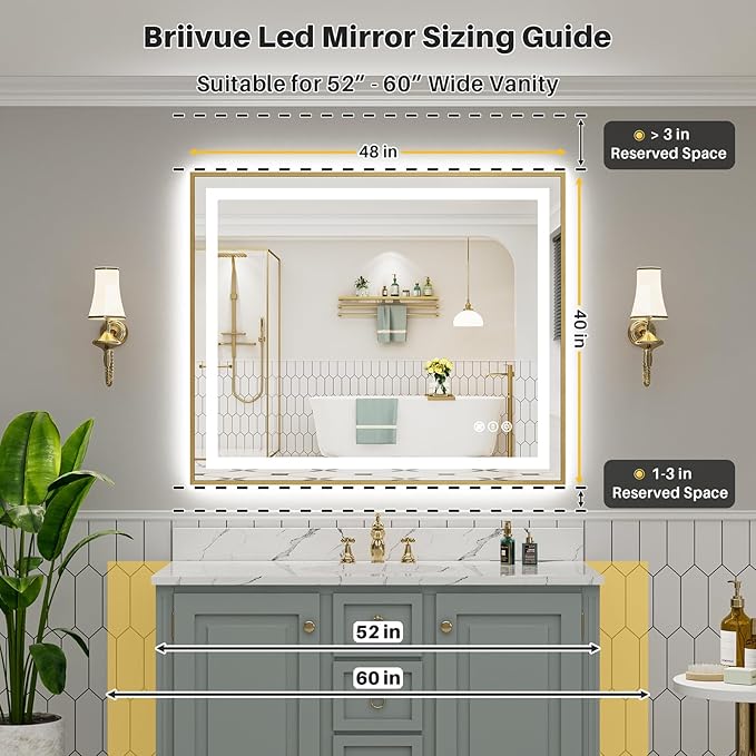 48x40 Inch LED Bathroom Mirror with Gold Frame, Backlit & Front Lit, Anti-Fog Lighted Bathroom Vanity Mirror for Wall, Memory Function, Dimmable, HD Tempered Glass, Shatter-Proof