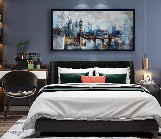 Large Wall Art for Bedroom Abstract City View Canvas Art Gray Blue Buildings Prints for Bedroom Wall Art Office Artwork Wall Decor for Living Room Decor 29x58 inches Black Framed